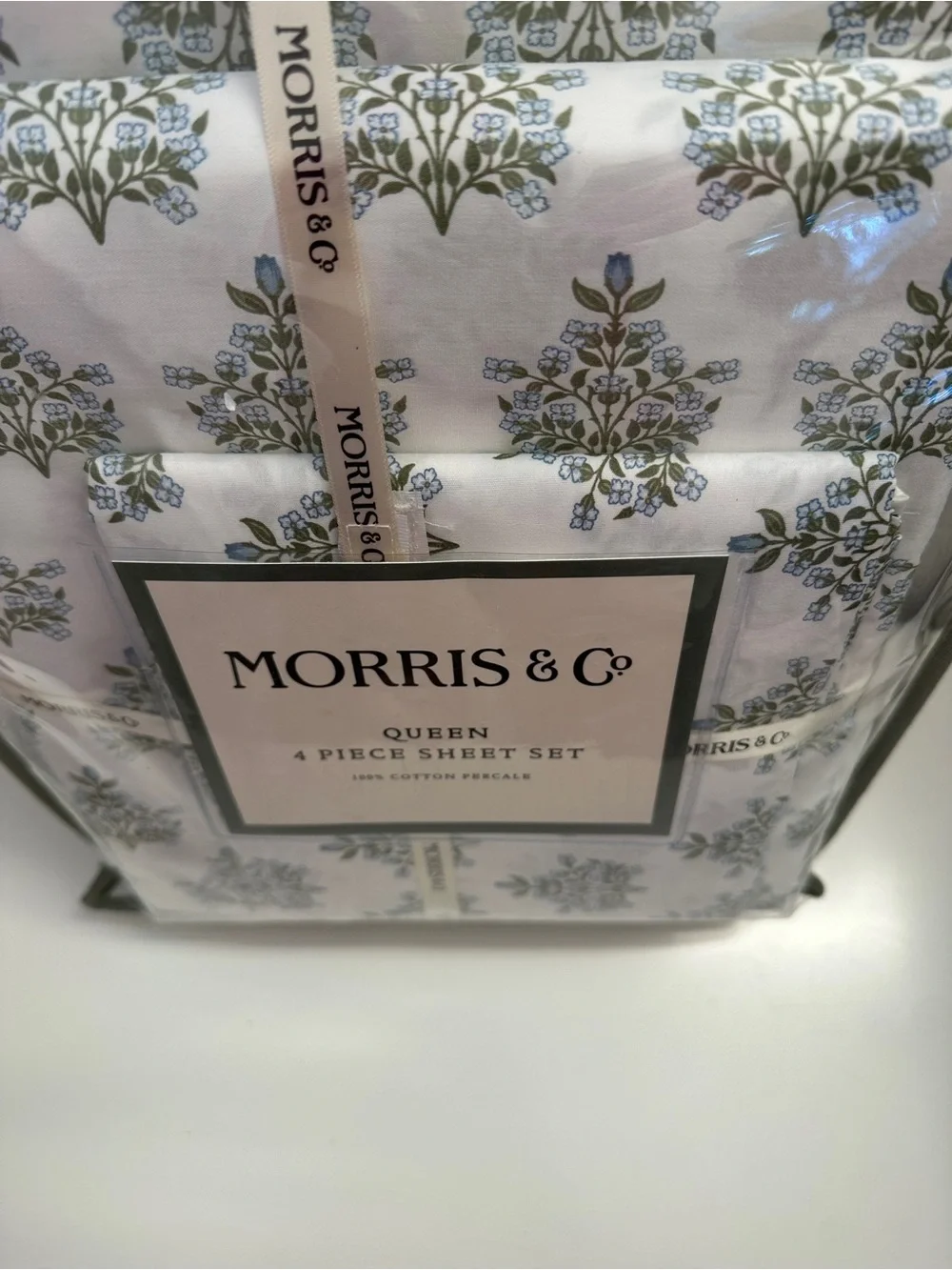 Morris & Co QUEEN 4-Piece 100% Cotton Sheet Set With Blue Flowers